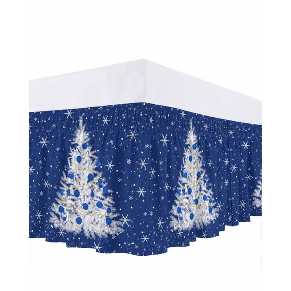 Christmas Blue Bed Skirt California King Size 16 Inch Drop, White Xmas Tree Winter Snowflakes Wrap Around Dust Ruffle Bedskirts, Wrinkle & Fade Resistant Easy Fit Bedskirt with Adjustable Elastic