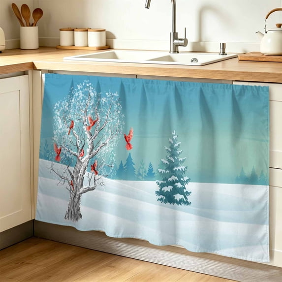 Christmas Blue Cabinet Curtain 32"Wx55"L, Dustproof Pantry Door Curtain with Self Adhesive Tape, Cardinal Birds Winter Snowy Tree Tall Storage Cover Privacy Drape for Bathroom Kitchen Laundry Room