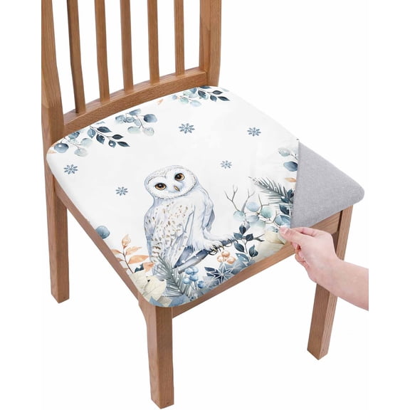 Christmas Blue Chair Seat Covers for Dining Room Stretch Chair Seat Covers Set of 2, Owl Xmas Eucalyptus Poinsettia Snowflakes Chair Seat Protector Cushion Slipcovers for Kitchen Restaurant Office