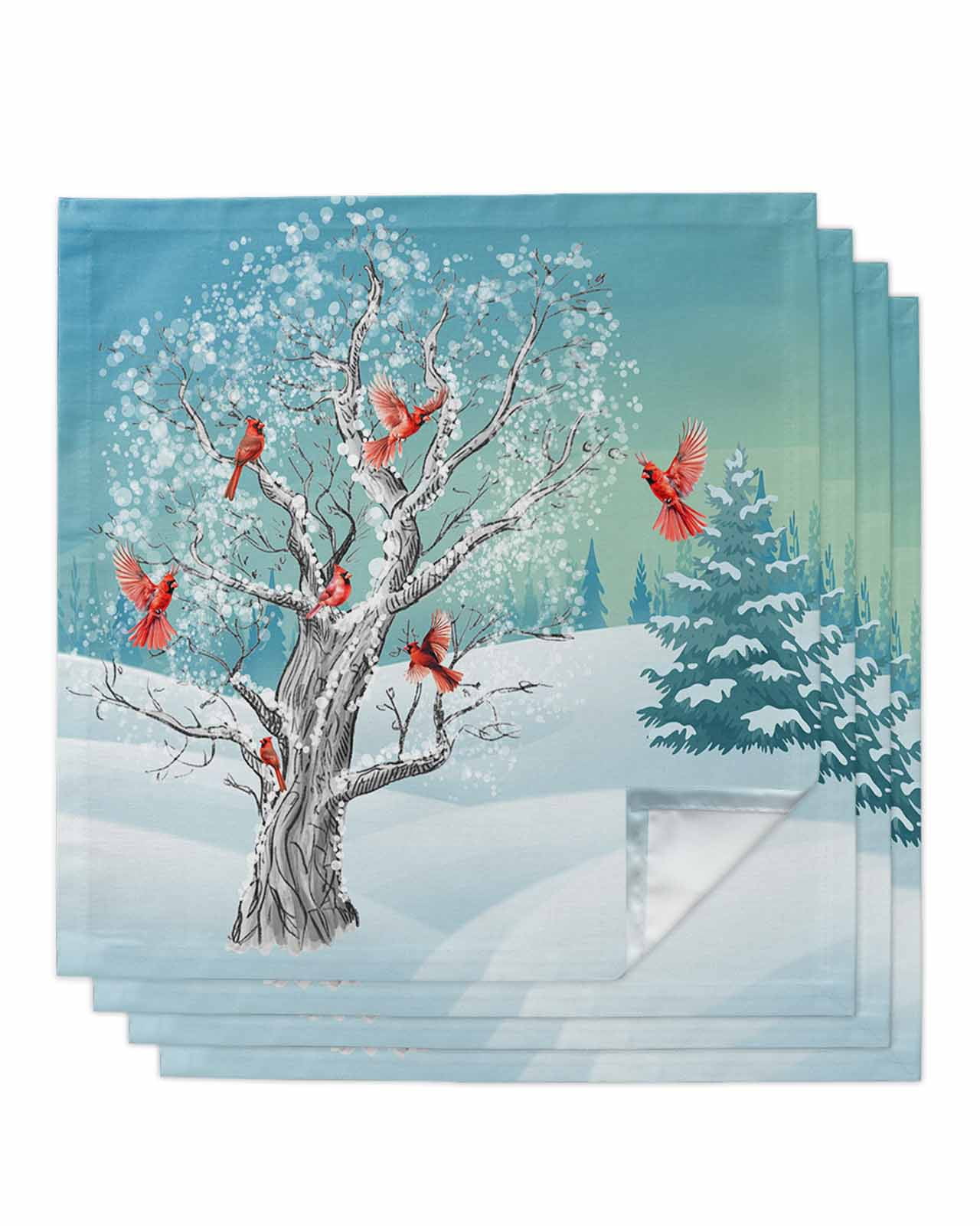 Christmas Blue Cloth Napkins Washable Set of 4, Cardinal Birds Winter ...