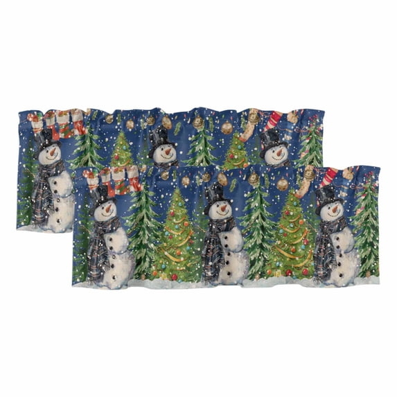 Christmas Blue Curtain Valances for Windows, Kitchen Valance Window Treatments Panel 2 Pack, Winter Snowmen Snowflake Xmas Tree Rod Pocket Short Curtains for Bathroom Bedroom 42 x 12 Inch