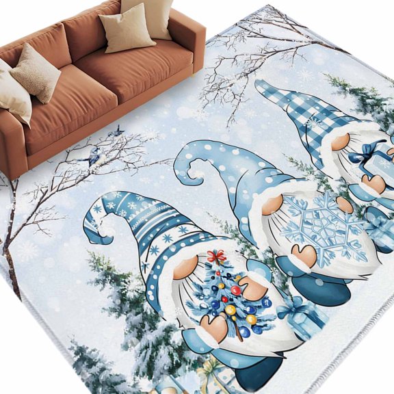 Christmas Blue Dwarf Area&nbsp;Rug 5x7ft Winter Snowing Pine Tree Branches Xmas Non-Slip&nbsp;Washable Square&nbsp;Rugs Soft Felt Indoor Floor Mat for Bedroom Kitchen Living Room Bathroom