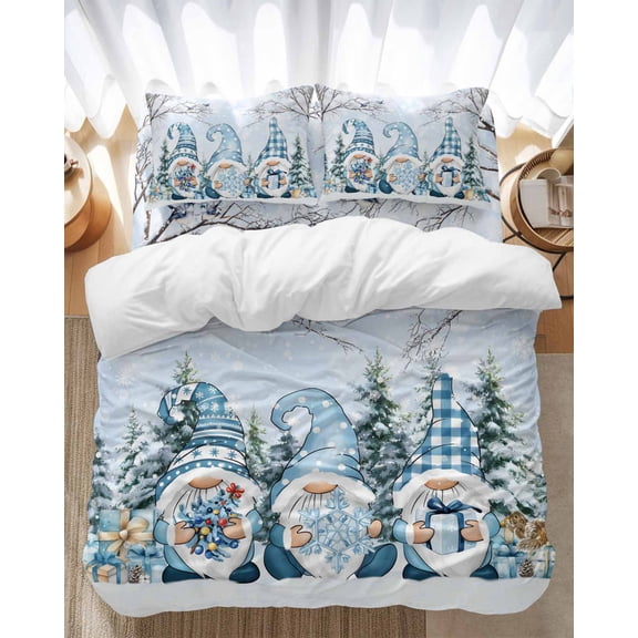Christmas Blue Dwarf Bedding Duvet Cover Set Twin Size 4 Pieces Winter Snowing Pine Tree Branches Xmas Bedding Set with Zipper Closure, 1 Comforter Cover 68x86 Inches 1 Flat Sheet & 2 Pillow Cases