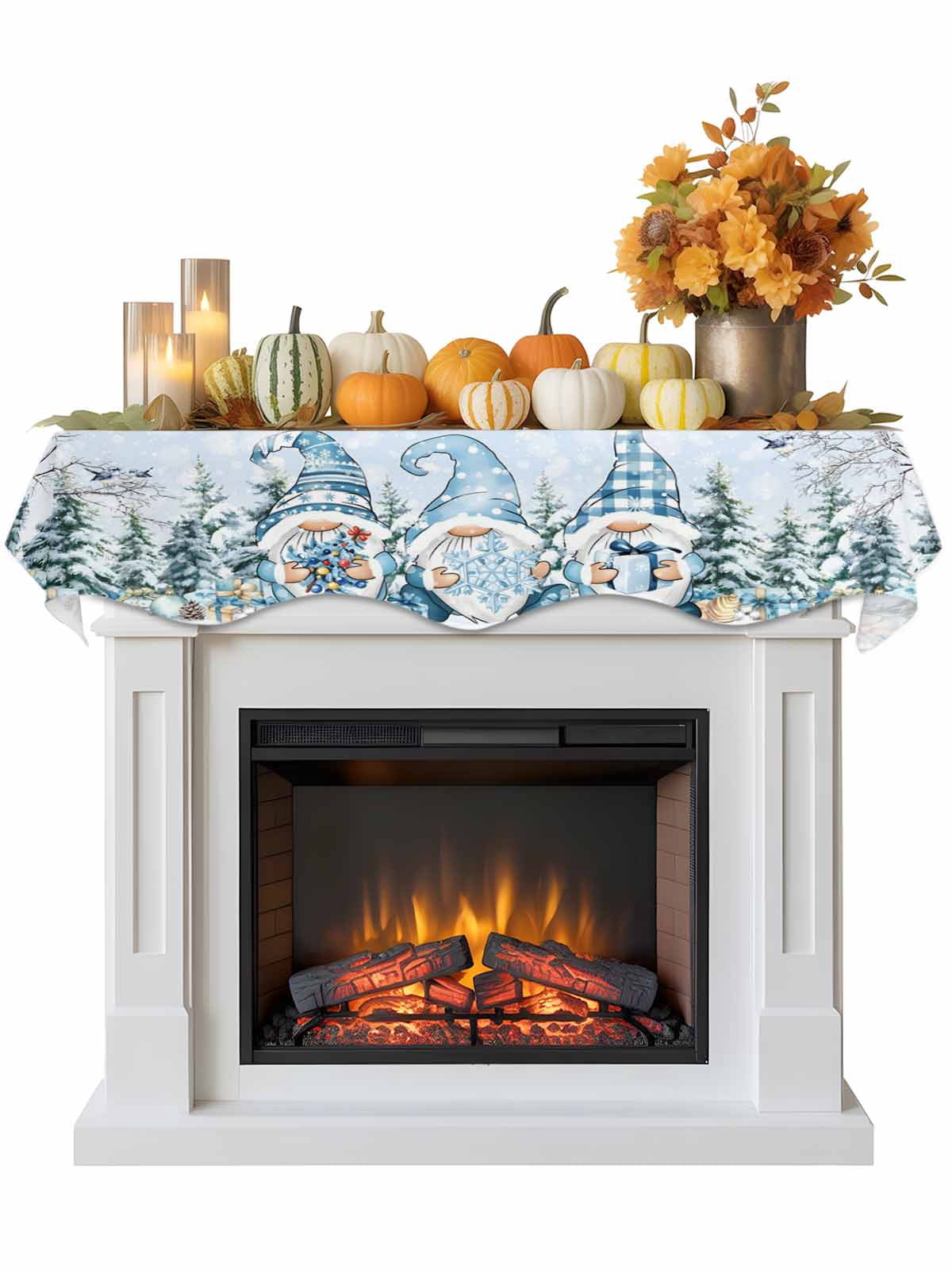 Christmas Blue Dwarf Fireplace Mantle Scarf Winter Snowing Pine Tree Branches Xmas Mantel Cover Runner Fireplace Cloth for Holiday Party Home Living Room Decor 70 x 17 Inch