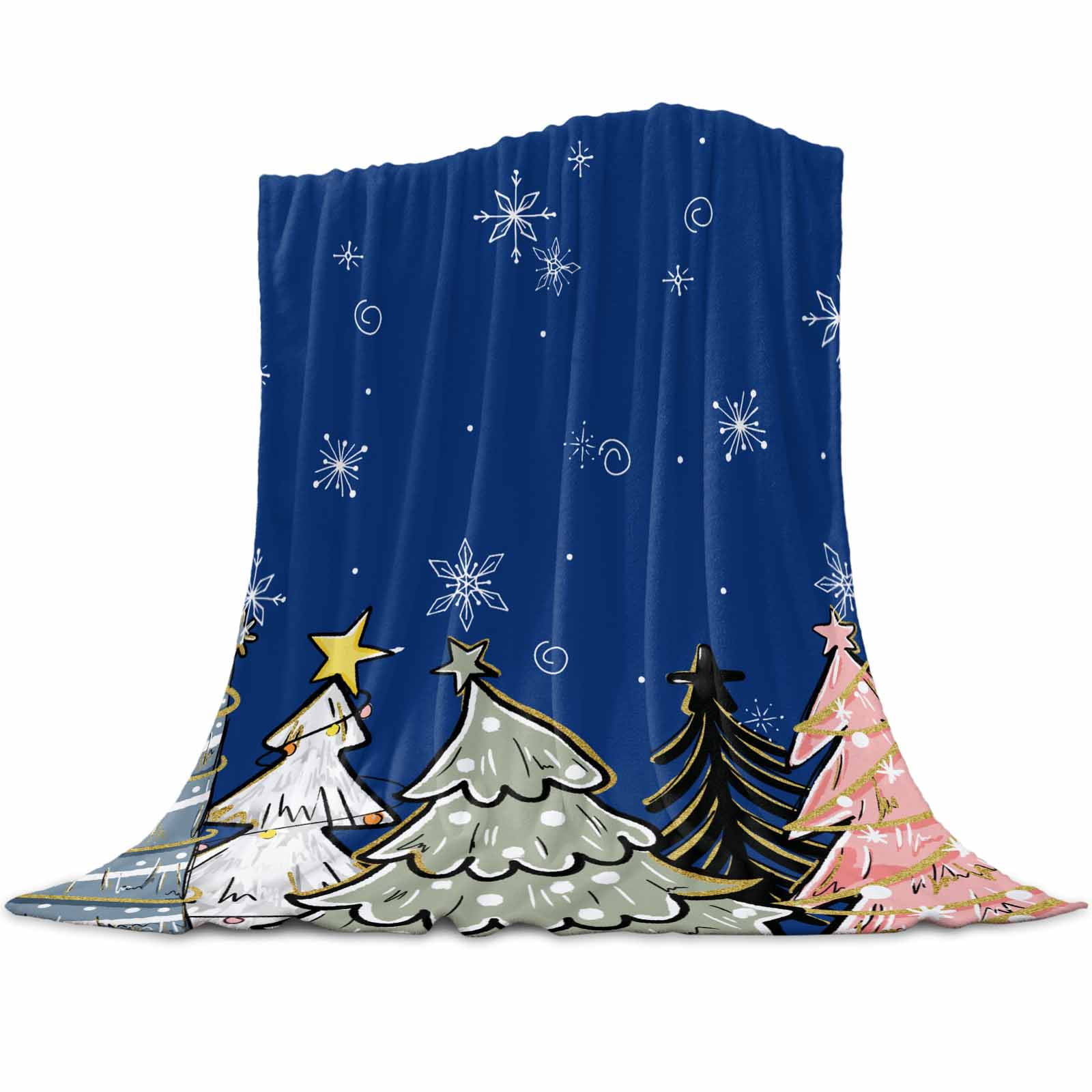 Christmas Blue Fleece Blankets for Couch, Pink Black Green Xmas Trees