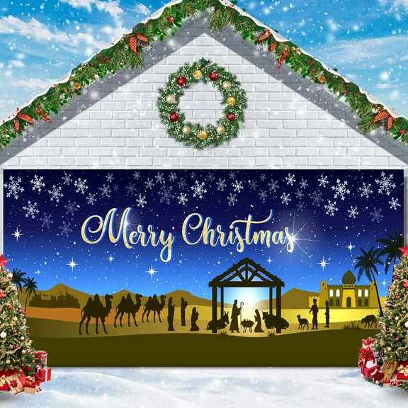 Christmas Blue Garage Door Decorations Background Snowflake Backdrop - Jesus Christmas Night Printed Hanging Garage Door Backdrops Indoor Outdoor House Decor Party Banner Supplies 8X6FT