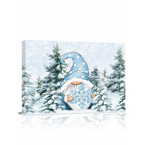 Christmas Blue Gnome Canvas Print Wall Art Snowflakes Xmas Trees Winter Snow Scene Pictures Painting Morden Artwork for Living Room Bedroom, Ready to Hang - 12"x16"