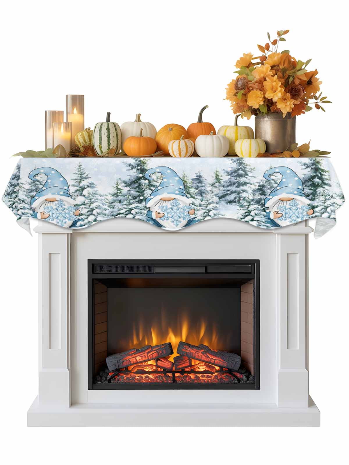Christmas Blue Gnome Fireplace Mantle Scarf Snowflakes Xmas Trees Winter Snow Scene Mantel Cover Runner Fireplace Cloth for Holiday Party Home Living Room Decor 70 x 17 Inch