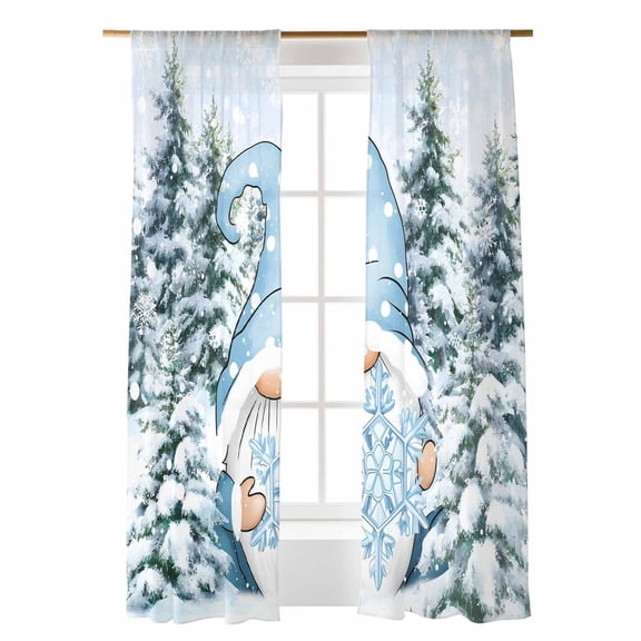 Christmas Blue Gnome Sheer Curtains 108 Inch Long 2 Panels, Snowflakes Xmas Trees Winter Snow Scene Light Filtering Rod Pocket Semi Sheer Curtains, Sheer Voile Drapes for Living Room, 52"x108"