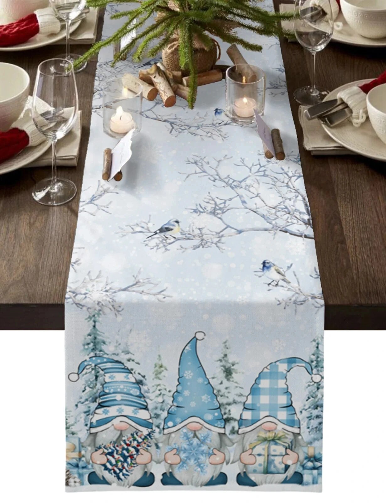 Christmas Blue Gnome Snowflake Linen Table Runners Holiday Party r