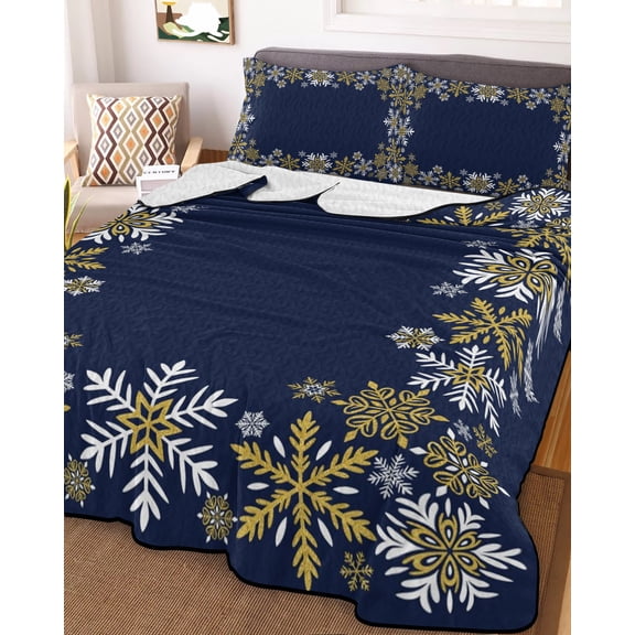Christmas Blue King Size Down Alternative Comforter, Lightweight Comforter Quilt Bedding Set with Pillow Shams Xmas Golden Snowflakes Winter Vintage All Seasons Bed Comforter Duvet Insert 96"x106"