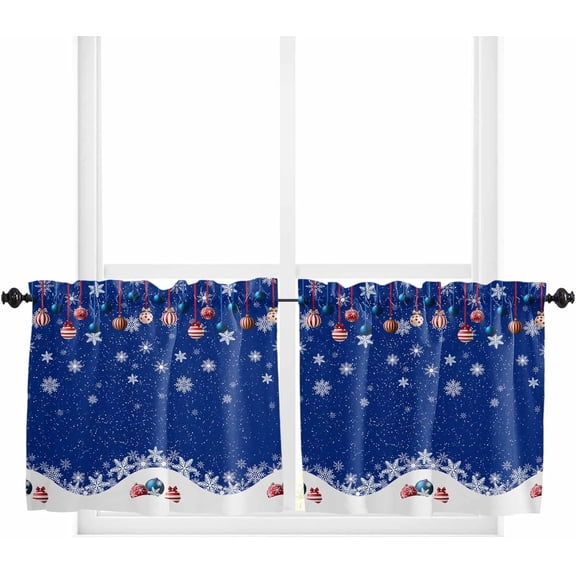 Christmas Blue Kitchen Curtain 2 Panels Tiers Curtains 36 Inch Length, Winter White Snowflake Xmas Balls Curtains Rod Pocket Curtains Window Drapes Treatment Window Cafe Curtains