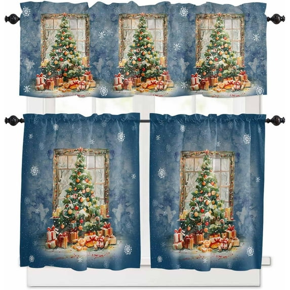 Christmas Blue Kitchen Curtains and Valances Set, Rod Pocket Curtains Tier Farmhouse Window Curtains 24 Inch Length, Green Pine Tree Winter Snowflake Ball 3 Piece Kitchen Curtains Set
