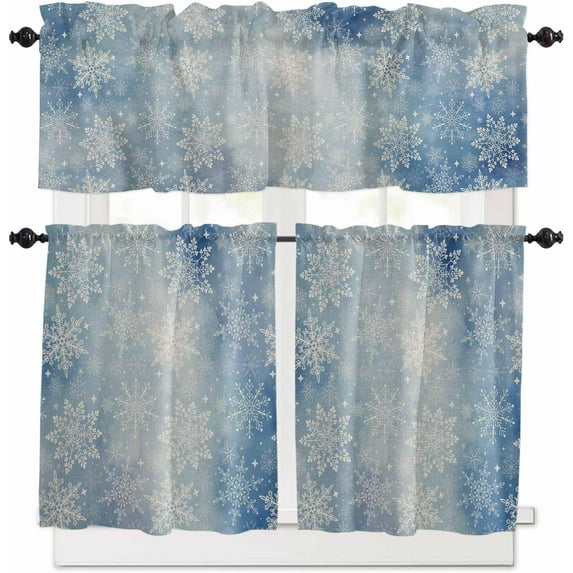 Christmas Blue Kitchen Curtains and Valances Set, Rod Pocket Curtains Tier Farmhouse Window Curtains 24 Inch Length, Winter Ombre Snowflake Vintage 3 Piece Kitchen Curtains Set