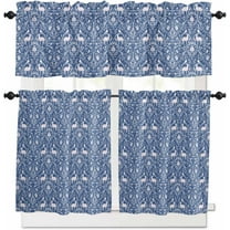 Christmas Blue Kitchen Curtains and Valances Set, Rod Pocket Curtains Tier Farmhouse Window Curtains 36 Inch Length, Vintage Country Chic Deer Vines Animals 3 Piece Kitchen Curtains Set