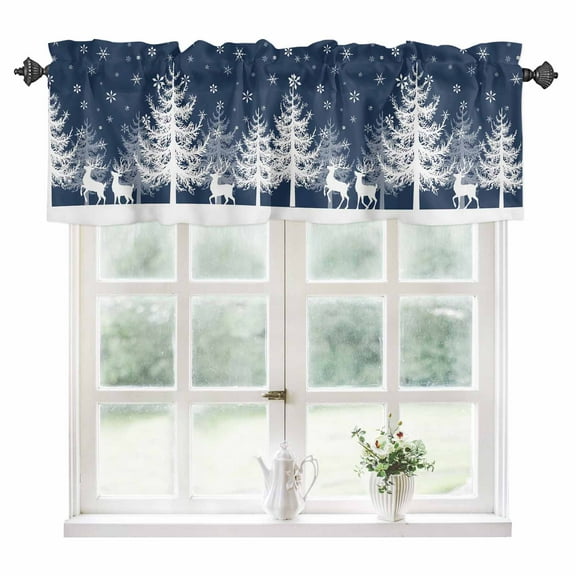 Christmas Blue Kitchen Valances for Windows 54x18 Inch Kitchen Curtains Valances Rod Pocket White Xmas Tree Elk Winter Snowflake Bathroom Window Valances for Window Treatment Decor