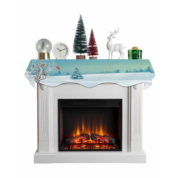Christmas Blue Mantel Scarf Fireplace Decorations for Living Room, Cardinal Birds Winter Snowy Tree Fireplace Mantel Scarf Cover Runner for Halloween/Thanksgiving/Christmas Decor 70"x17"