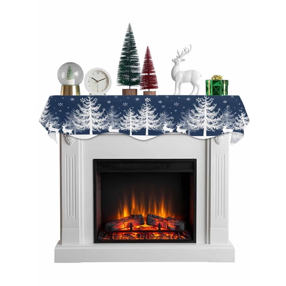 Christmas Blue Mantel Scarf Fireplace Decorations for Living Room, White Xmas Tree Elk Winter Snowflake Fireplace Mantel Scarf Cover Runner for Halloween/Thanksgiving/Christmas Decor 60"x17"