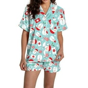 CUEKONDY Christmas Blue Pajamas for Women Set Women Pajamas Graphic Printed Silk Satin Cute Sleepwear Buttons Short Sleeve Tops Shorts Sets Womens Sleepwear
