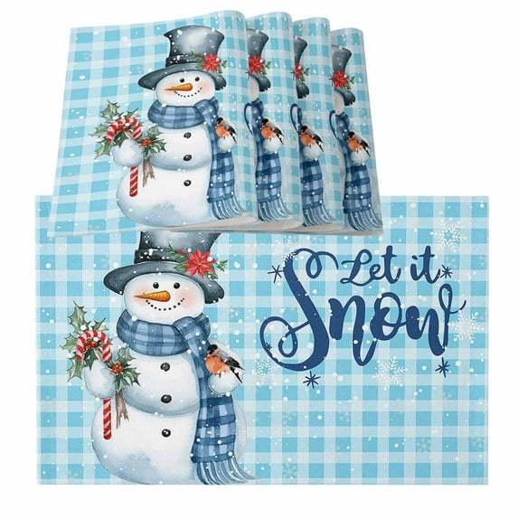 Christmas Blue Plaid Snowman Xmas Winter Snowflake Burlap Kitchen Place Mats Waterproof Cloth Table Mats, Indoor Outdoor Placemats Easy Clean Dinner Decor