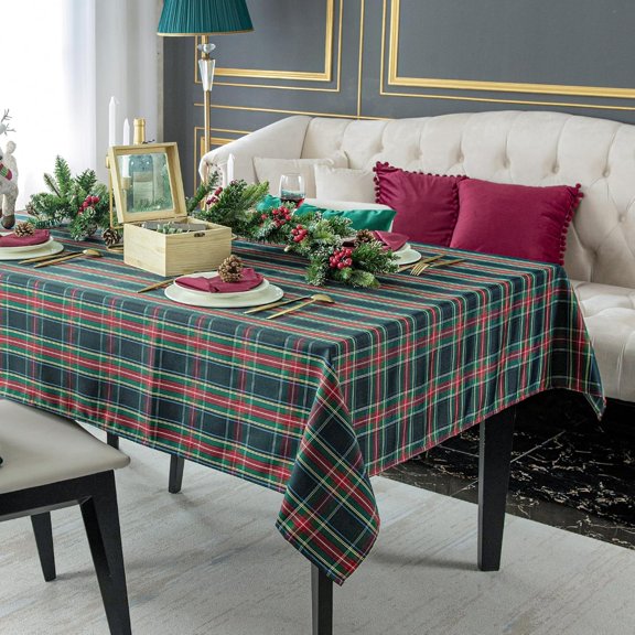 Christmas Blue Plaid Waterproof Tablecloth – Classic Woven Check Design – Holiday Dining Table Cover for Xmas Parties, Stain-Resistant & Durable, W60 x L84 in