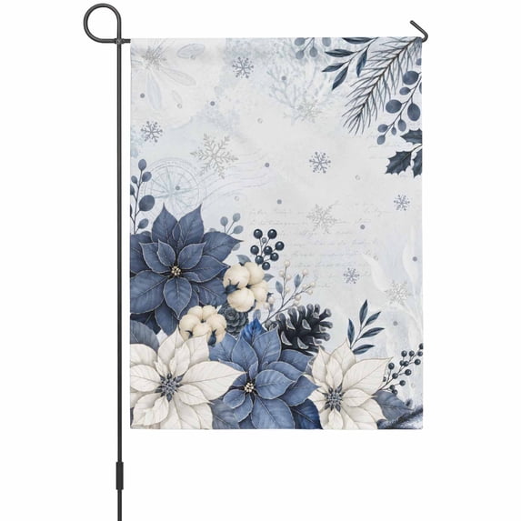 Christmas Blue Poinsettia House Flag 28 x 40 Inches, Winter Flower Fruits Leaf Snowflakes Weather Proof Outdoor Patio Flags Double Sided Small House Decoration for Yard Lawn Outside Home