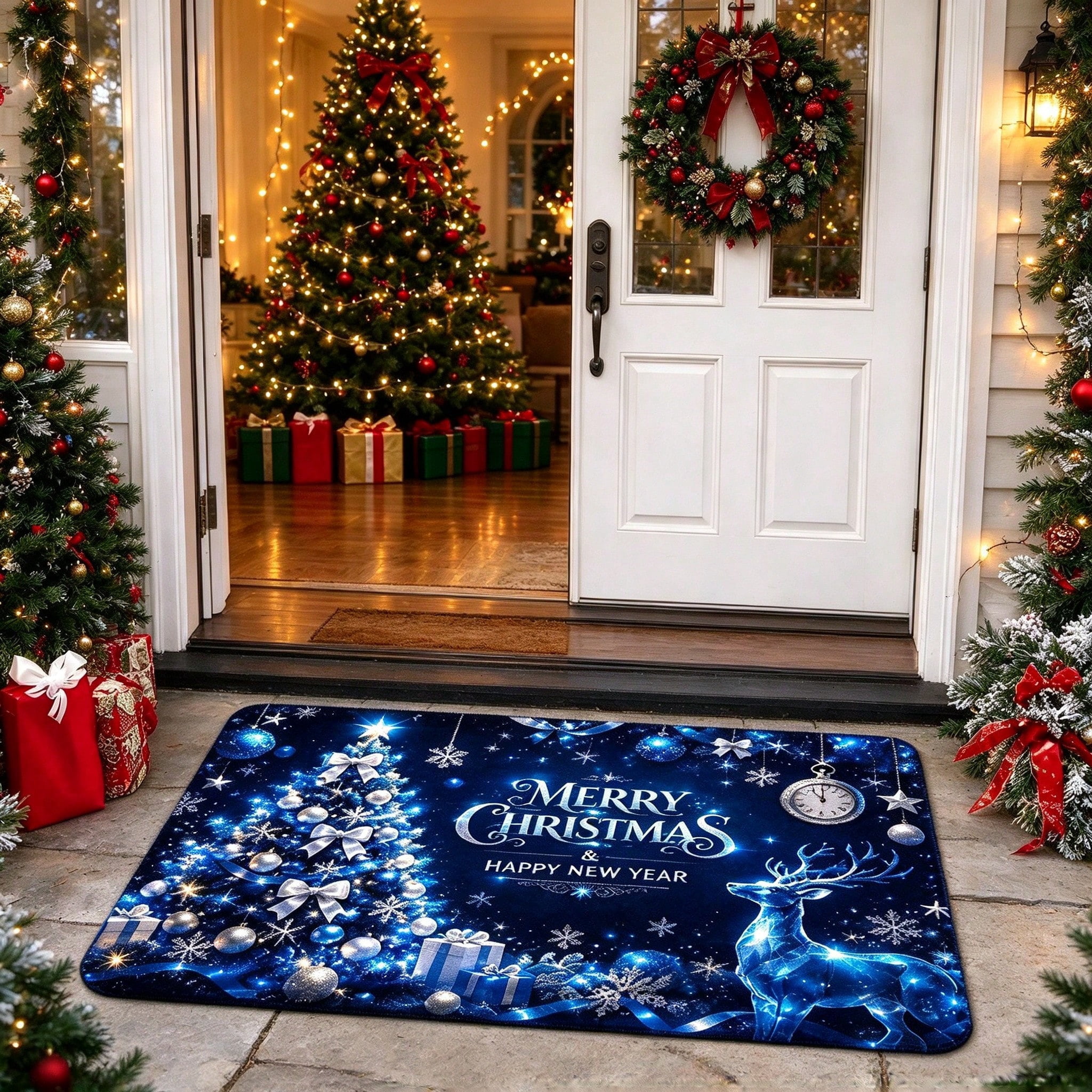 Christmas Blue Reindeer Entryway Rug, Merry Christmas Happy New Year ...