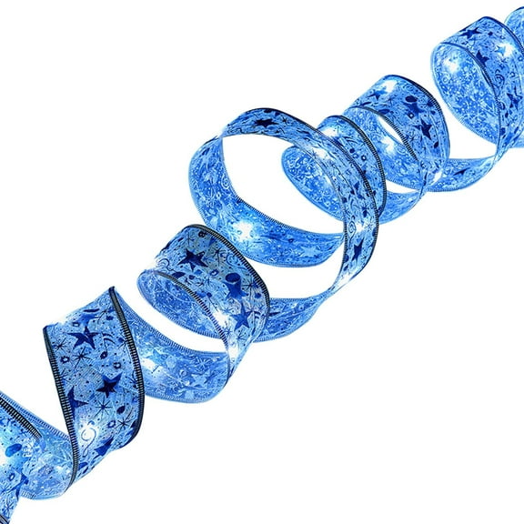 Christmas Blue Ribbon with Lights 2 Inch x 10ft 30 LED Christmas Tree Ribbon Decorations Battery Operated Fairy String Lights for Xmas Tree Wedding Party Garland Outdoor