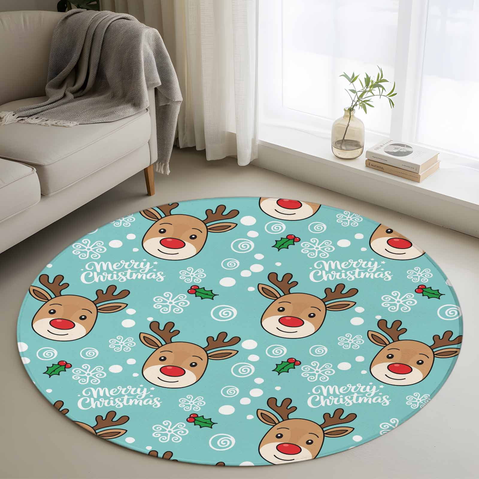 Round Blue Snowflake Rug Christmas Blue Round Area Rug 4Ft Washable Circle Rugs for Bedroom ...
