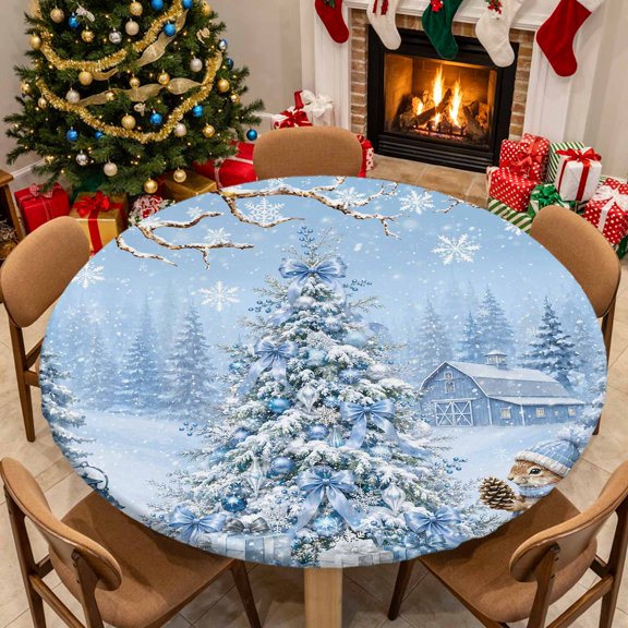 Christmas Blue Round Fitted Tablecloth Snow Covered Christmas Tree Rustic Country Barn Elastic Table Cloth Waterproof Oil Proof Table Cover Fits 36"-44" Tables Round Tables for Party Picnic Decor