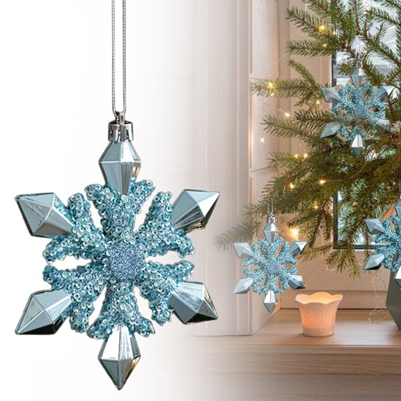 Christmas Blue Snowflake Plastic Ornament/ Plastic Snowflake Ornament With Glitter Accents 3D Christmas Tree Window Hanging Decor Lightweight 25g 13x12.5x1.5cm For Holiday Home Decoration