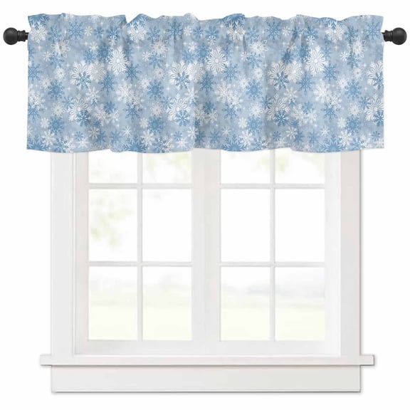 Christmas Blue Snowflake Seamless Window Valances for Kitchen,Rod Pocket Valance Privacy Small Curtain,Winter Falling Snow Window Treatment Drapes for Bedroom Laundry Room Farmhouse60x18in