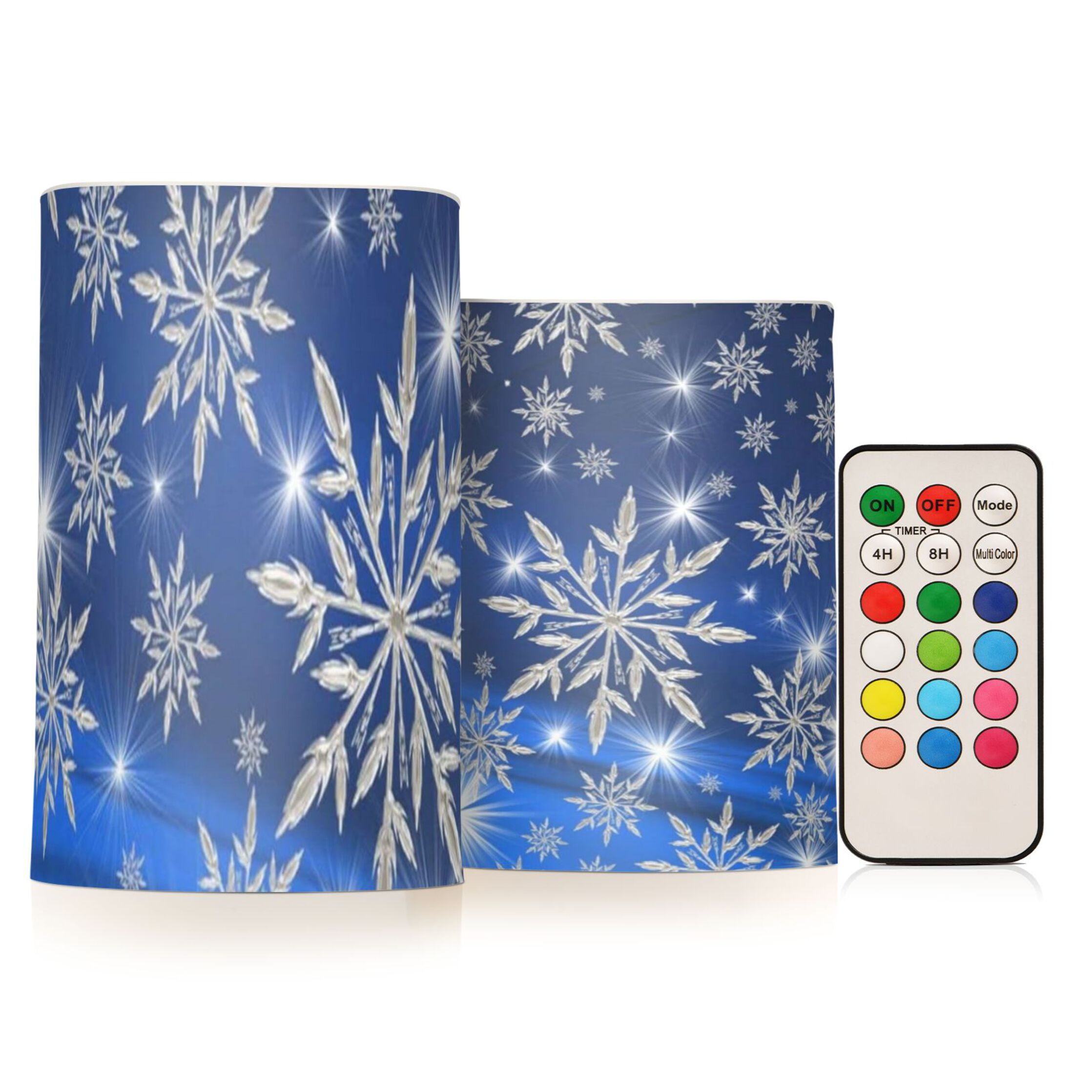 Christmas Blue Snowflakes Flickering Flameless Candles Battery Operated with Remote Timer LED Pillar Candles Set of 2