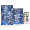 thumbnail image 1 of Christmas Blue Snowflakes Flickering Flameless Candles Battery Operated with Remote Timer LED Pillar Candles Set of 2, 1 of 7