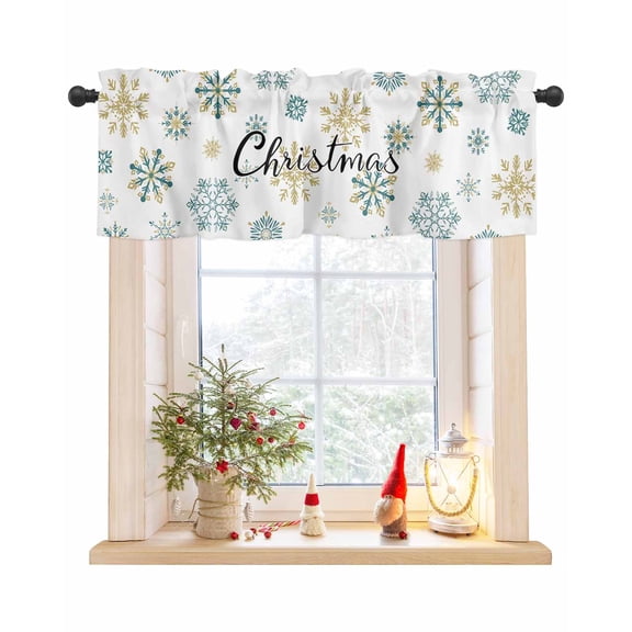 Christmas Blue Snowflakes Winter Snow Window Valances for Kitchen,Rod Pocket Valance Privacy Small Curtain,Golden Snowflake White Window Treatment Drapes for Bedroom Laundry Room Farmhouse 54x18in