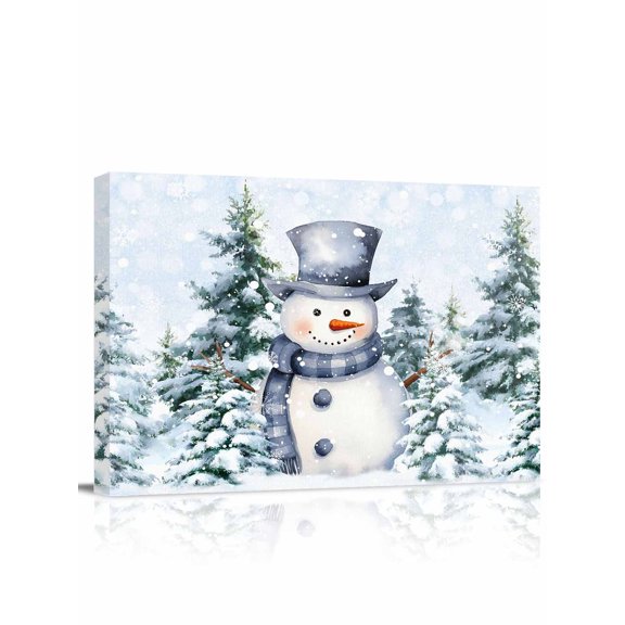 Christmas Blue Snowman Canvas Print Wall Art Winter Snow Scene Pine Tree Forest Bird Pictures Painting Morden Artwork for Living Room Bedroom, Ready to Hang - 12"x16"