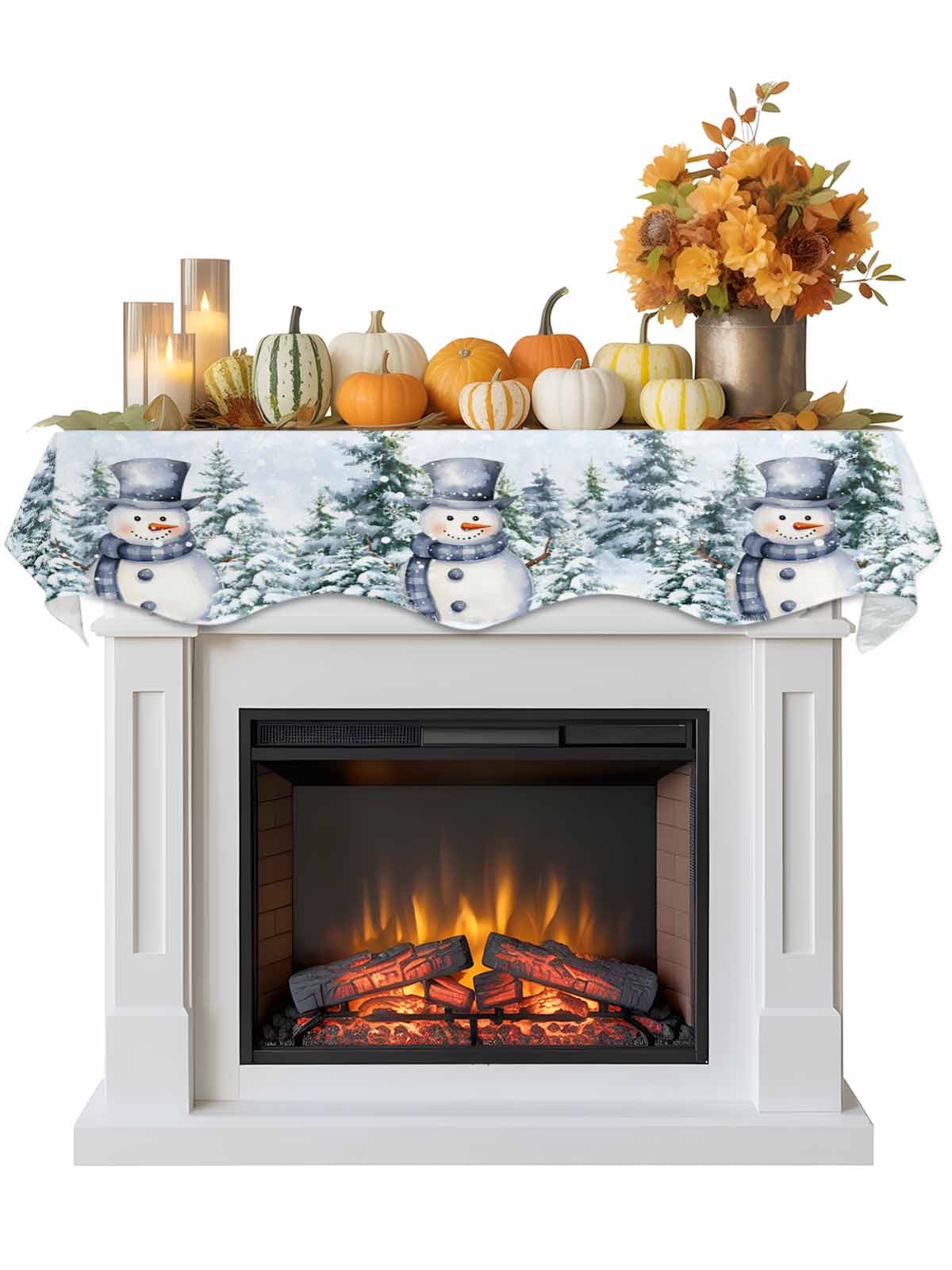Christmas Blue Snowman Fireplace Mantle Scarf Winter Snow Scene Pine Tree Forest Bird Mantel Cover Runner Fireplace Cloth for Holiday Party Home Living Room Decor 70 x 17 Inch