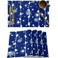 thumbnail image 1 of Christmas Blue Snowman Placemats for Dinning Table Xmas Place Mat Set of 6 Waterproof Cloth Table Mats, Cotton Linen Place Mats Fabric Dinner Mat, Winter White Snowflake String Cute Funny Table Decor, 1 of 6