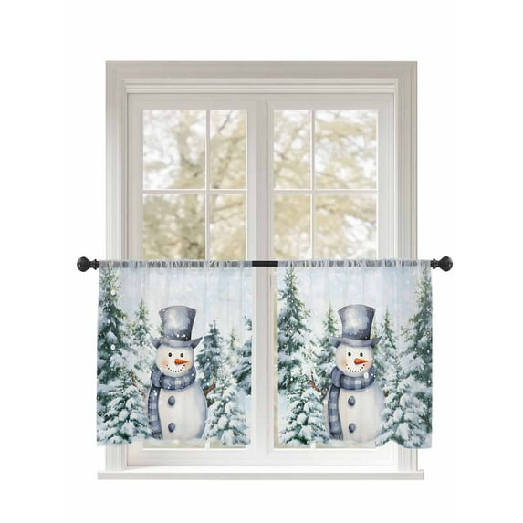 Christmas Blue Snowman Sheer Curtains 45 Inch Long 2 Panels, Winter Snow Scene Pine Tree Forest Bird Light Filtering Rod Pocket Semi Sheer Curtains, Sheer Voile Drapes for Living Room, 52"x45"
