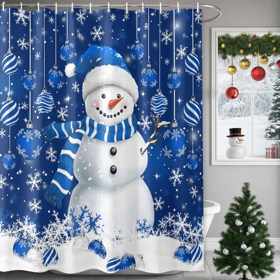 Christmas Blue Snowman Shower Curtains for Bathroom, Xmas Balls Snowflake Waterproof Fabric Shower Curtain for Bathroom Bathtub Decoration, Machine Washable, 72"x84"