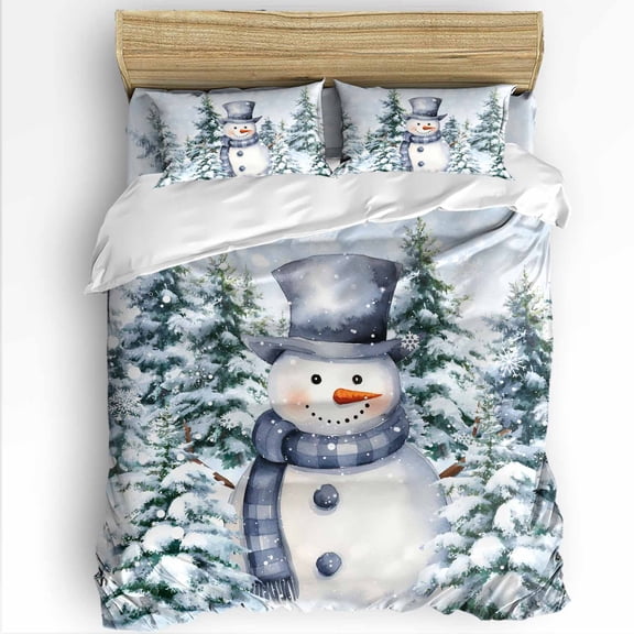 Christmas Blue Snowman Twin Size Comforter Set, Winter Snow Scene Pine Tree Forest Bird Bedding for All Seasons, 4 Pcs Bed Set with 1 Comforter (68"x86") ,1Sheet(66"x116"), 2 Pillowcases (19"x29")