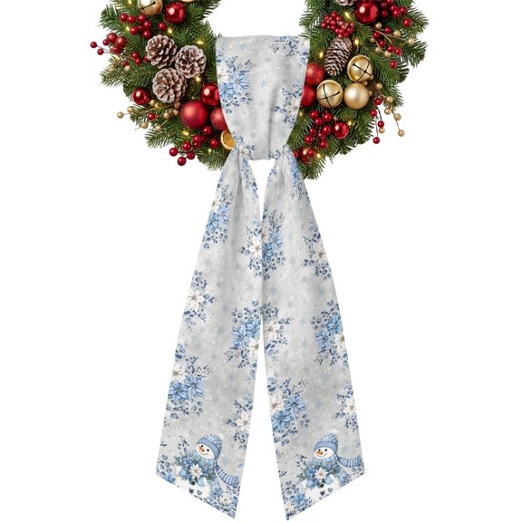 Christmas Blue Snowman Wreath Sash for Front Door Winter Grey Poinsettia Leaves Snowfall Ribbon Sash, Winter Holiday Wreath Accessories for Yard Porch Doorway Decor , Indoor Outdoor, 4.9 x 56 Inches