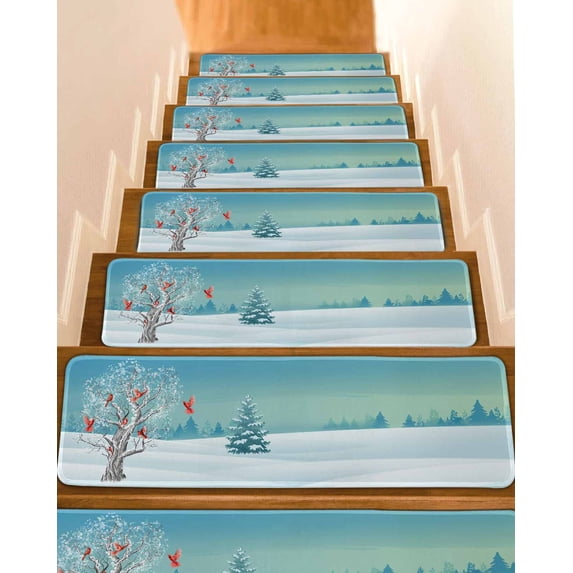 Christmas Blue Stair Treads for Wooden Steps Indoor Runner Rug Carpet, Cardinal Birds Winter Snowy Tree 15 Pieces Peel and Stick Staircase Step Treads Covers Washable Throw Door Mats, 30"x8"