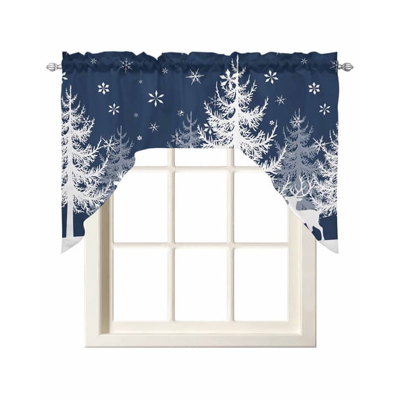 Christmas Blue Swag Valances for Windows, Small Curtains Drapes, White Xmas Tree Elk Winter Snowflake Kitchen Window Curtains Over Sink Window Treatment Valance for Bedroom/Bathroom 56"x36"