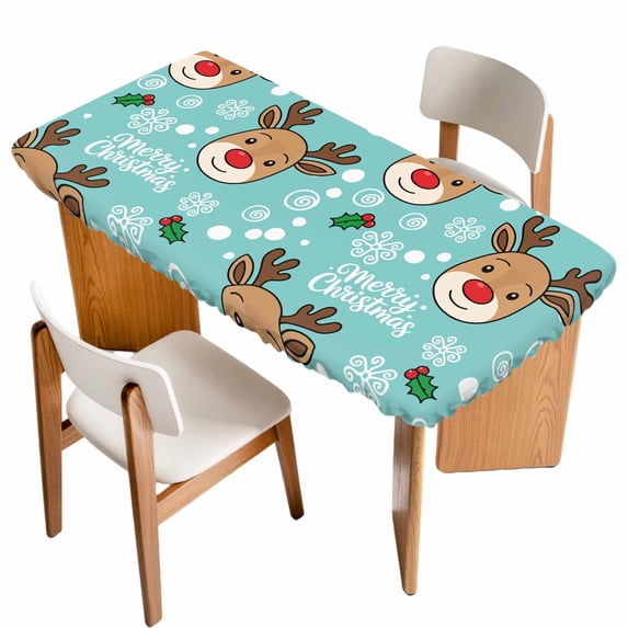 Christmas Blue Table Cloths for 3 Foot Rectangle Tables, Xmas Cute Elk Winter Leaves Cartoon Snowflake Patio Waterproof Elastic Fitted Tablecloths, Washable Rectangular Table Cover for Camping