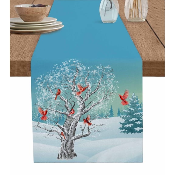 Christmas Blue Table Runner 120 Inches, Cardinal Birds Winter Snowy Tree Bed Runner Dresser Scarves Tabletop for Indoor Outdoor Parties/Ceremony/Banquet, 13"x 120"