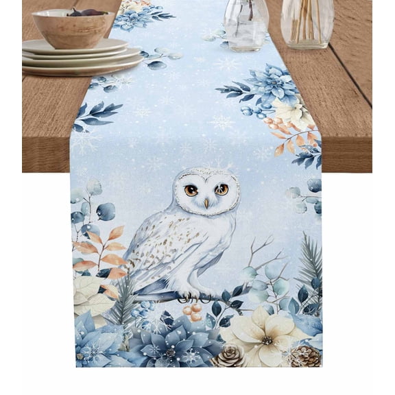 Christmas Blue Table Runner 72 Inches, Winter Owl Snowy Eucalyptus Leaves Poinsettia Bed Runner Dresser Scarves Tabletop for Indoor Outdoor Parties/Ceremony/Banquet, 18" x 72"