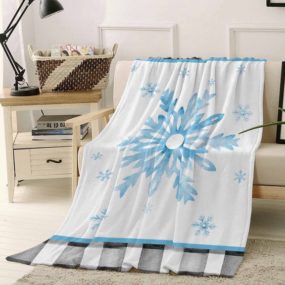 Christmas Blue Throw Flannel Blanket 50x80In Snowflake Black White Plaid Super Soft Cozy Bed Blanket, Lightweight Plush Fuzzy Bed Throw for Bedroom Sofa Couch Living Room