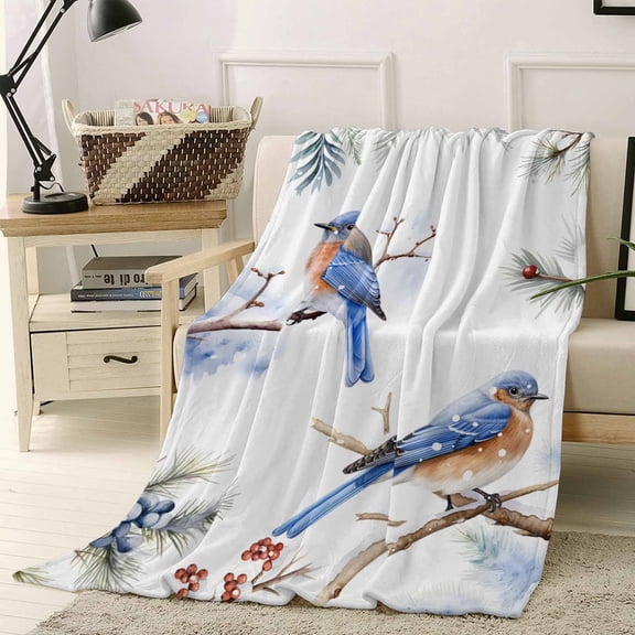 Christmas Blue Throw Flannel Blanket 60x80In Robins on Pine Tree Winter Berry Super Soft Cozy Bed Blanket, Lightweight Plush Fuzzy Bed Throw for Bedroom Sofa Couch Living Room