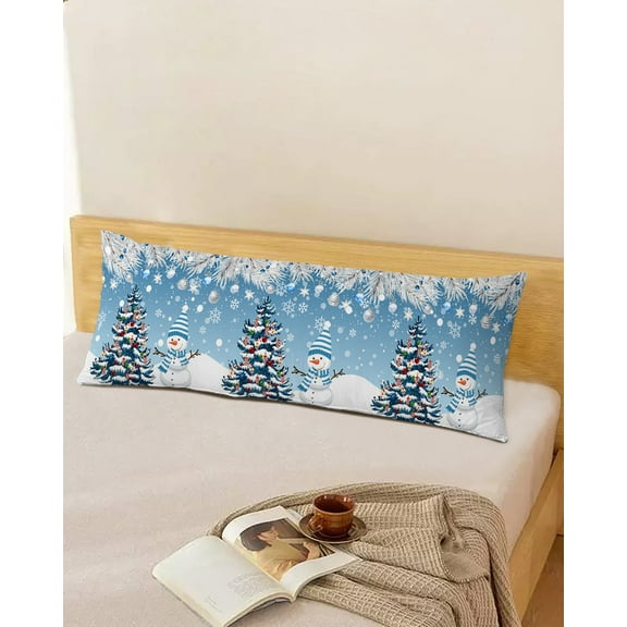 Christmas Blue Throw Pillow Cover, Snowman Merry Xmas Tree Snowflakes Rectangle Decorative Pillow Case Protector Soft Cushion Cover Lumbar Pillowcase for Couch Sofa Bedroom Car Chair Decor 20x54 Inch